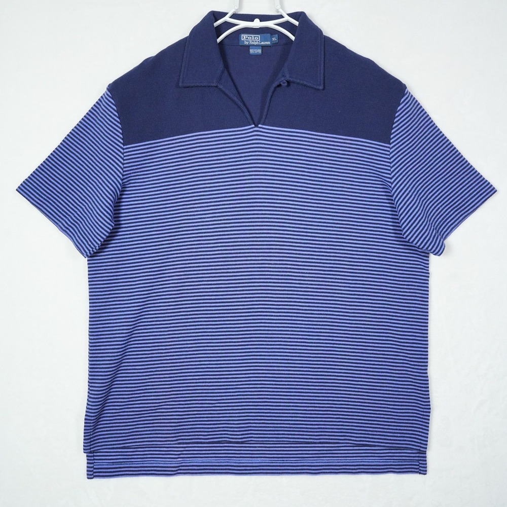 Polo Ralph Lauren Mens XL Knit Blue Striped V-Neck Short Sleeve Polo Shirt